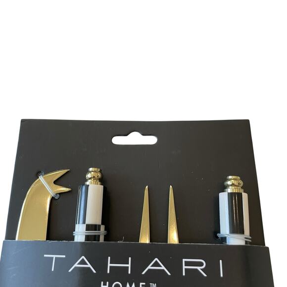 Tahari Home Set of 4 Cheese Knives Black & White Checkered Gold Glam New - Picture 6 of 8